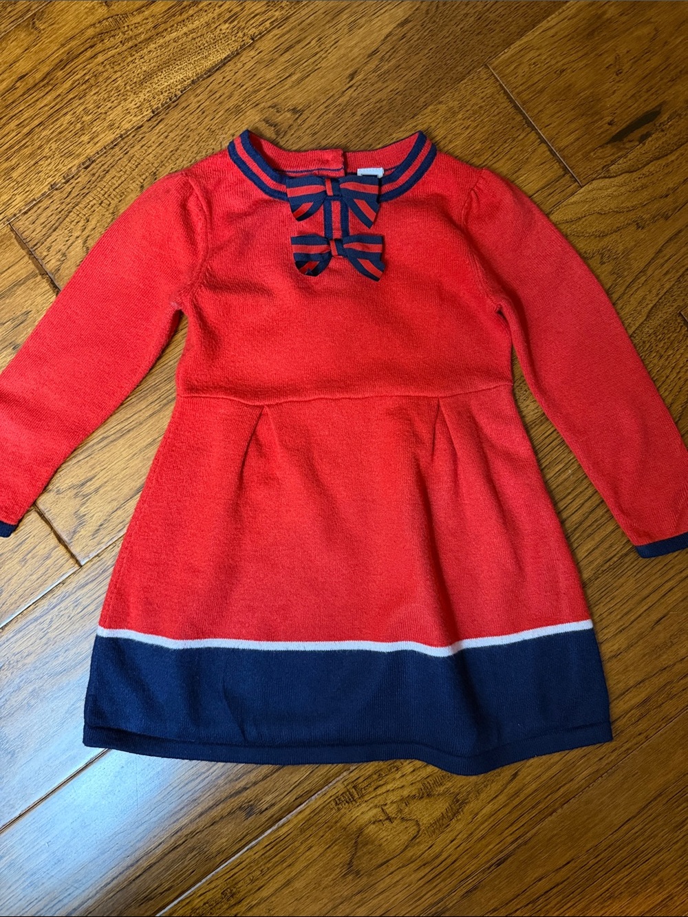 Janie and Jack Red Knit Dress with Navy Trim and Bow Accent